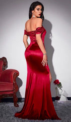 OFF SHOULDER SATIN HIGH SLIT FLOOR LENGTH DRESS IN RED