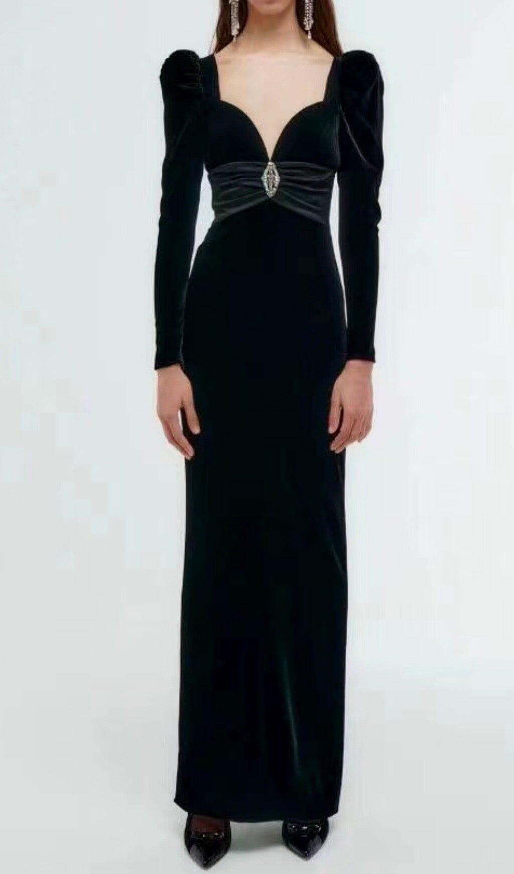 SHEEP LEG SLEEVE VELVET SLIM MAXI DRESS IN BLACK