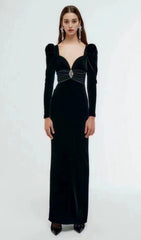 SHEEP LEG SLEEVE VELVET SLIM MAXI DRESS IN BLACK