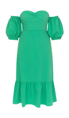 ONE-SHOULDER PUFF-SLEEVED GREEN TUBE TOP RUFFLED MIDI DRESS