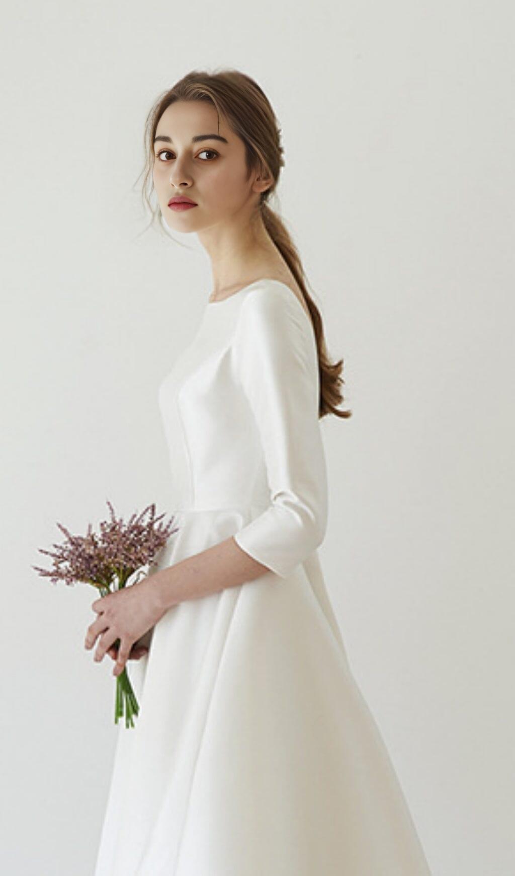 ELEGANT SATIN LONG SLEEVES MIDI DRESS IN IVORY