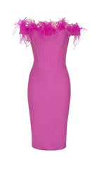 PINK OSTRICH HAIR SHOULDER BODYCON DRESS