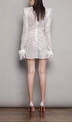 SEQUINED FEATHER MINI DRESS IN WHITE