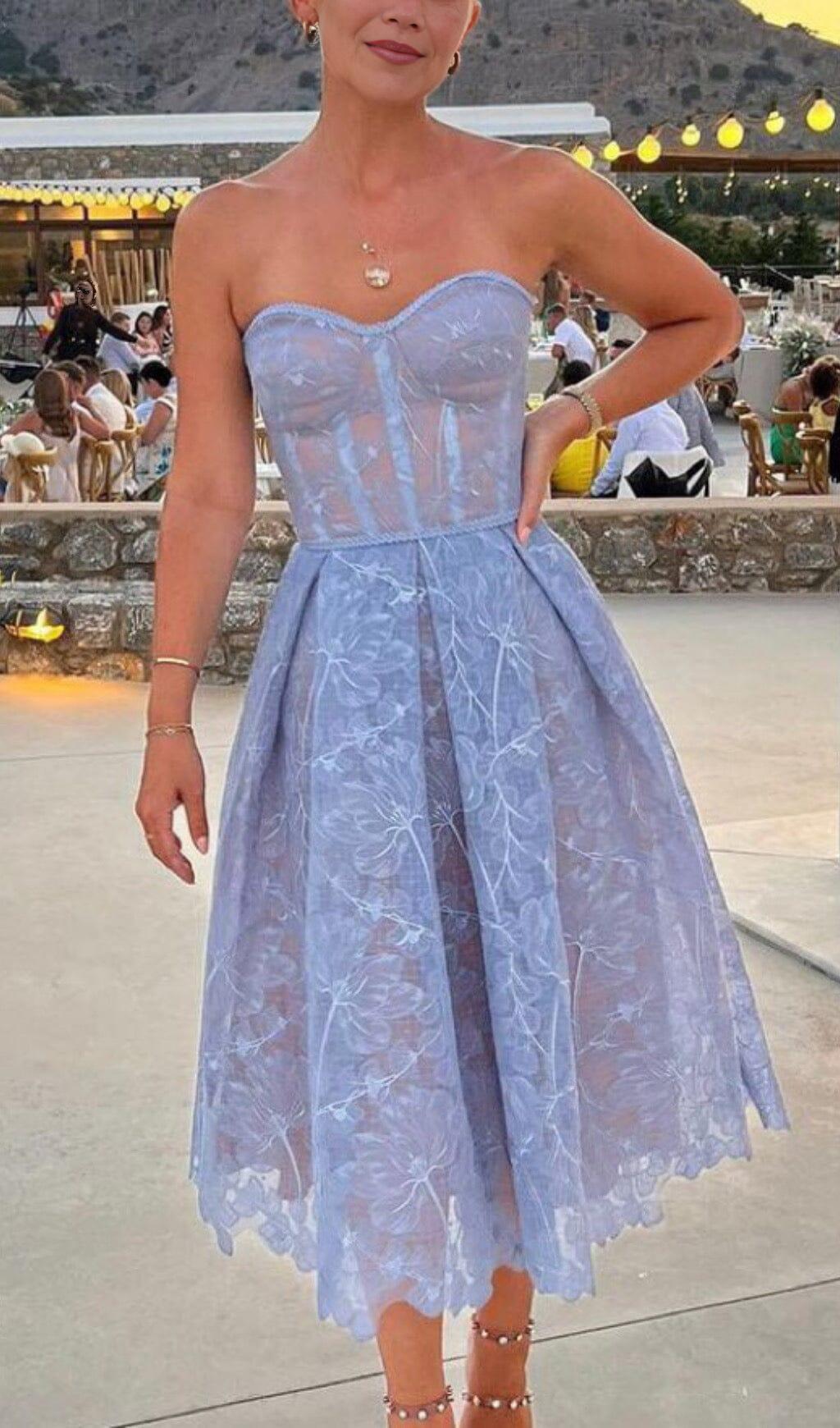 LACE BANDEAU MIDI DRESS IN BLUE