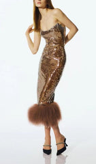 SEQUINED PLUSH SLIM FIT DRESS IN BROWN