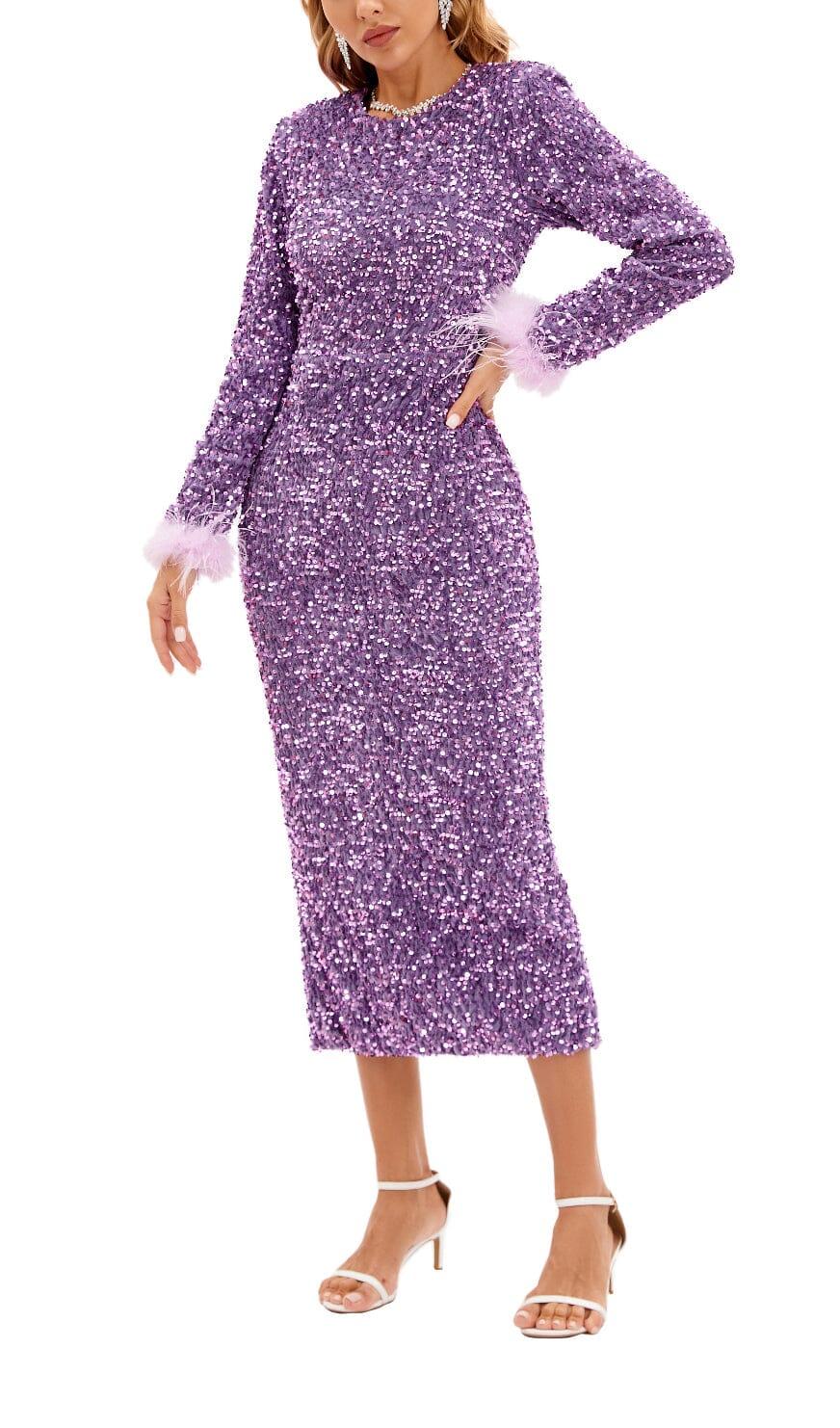 SEQUIN PATCHWORK PLUSH CUFF DRESS IN PURPLE