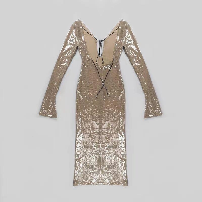 SEQUINED WITH LONG SLEEVES AND BACKLESS DRESS IN KHAKI