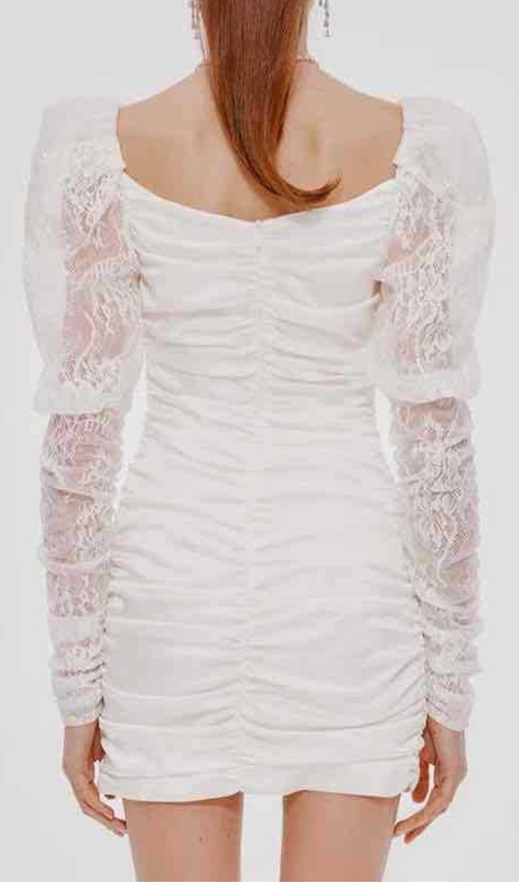 PLEATED DRESS WITH LACE PUFFED SLEEVES IN WHITE