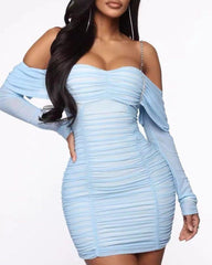 OFF SHOULDER MESH SKINNY MINI DRESS IN LIGHT BLUE