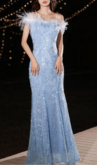 FEATHER SEQUIN BACK STRAP BODICE MAXI DRESS IN LIGHT BLUE