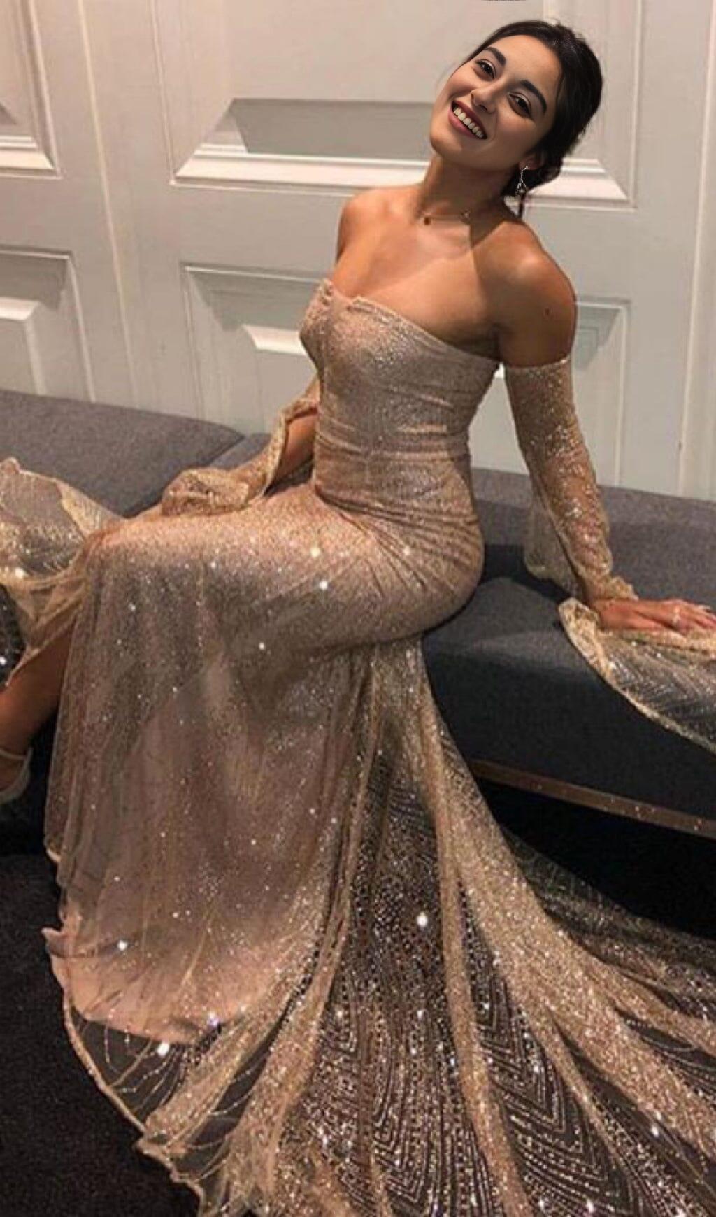 HIGH SPLIT GORGEOUS RHINESTONE DROP SLEEVE DRESS IN CHAMPAGNE