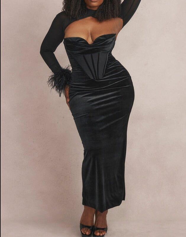 BLACK VELVET CORSET MAXI DRESS