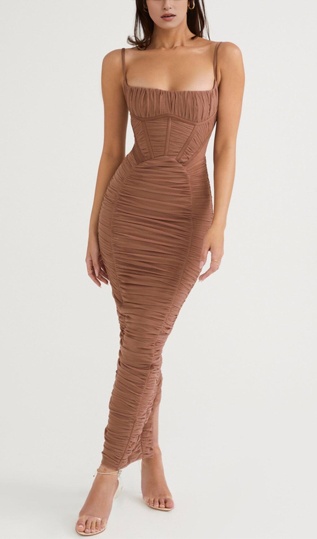 CORSET MAXI DRESS IN MOCHA