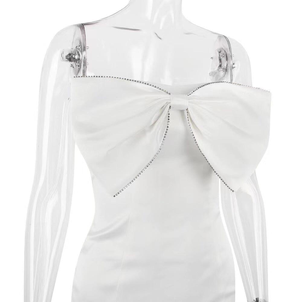 IVORY SATIN CRYSTAL EMBELLISHED BOW DRESS