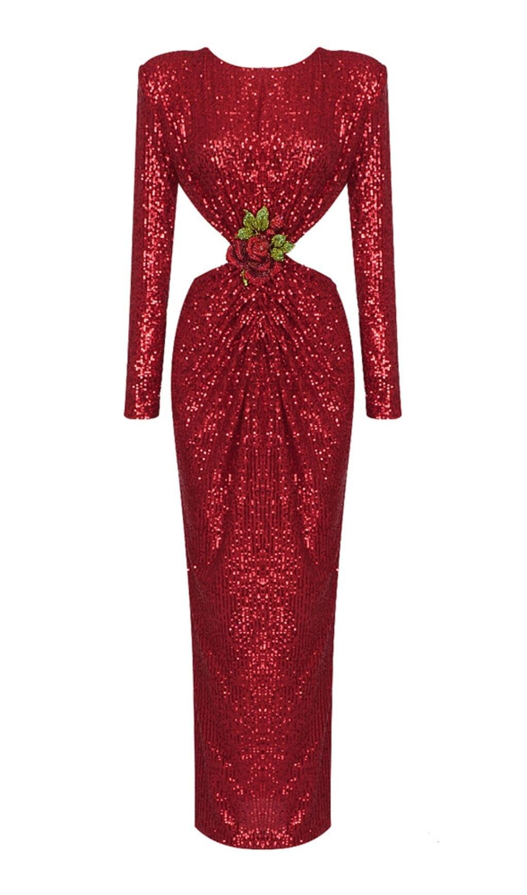 SEQUIN CUTOUT BACKLESS MAXI DRESS IN RED