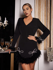 LONG SLEEVE BOW CRYSTAL FEATHER DRESS