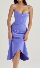 PERIWINKLE SATIN CORSET MIDI DRESS IN BLUE