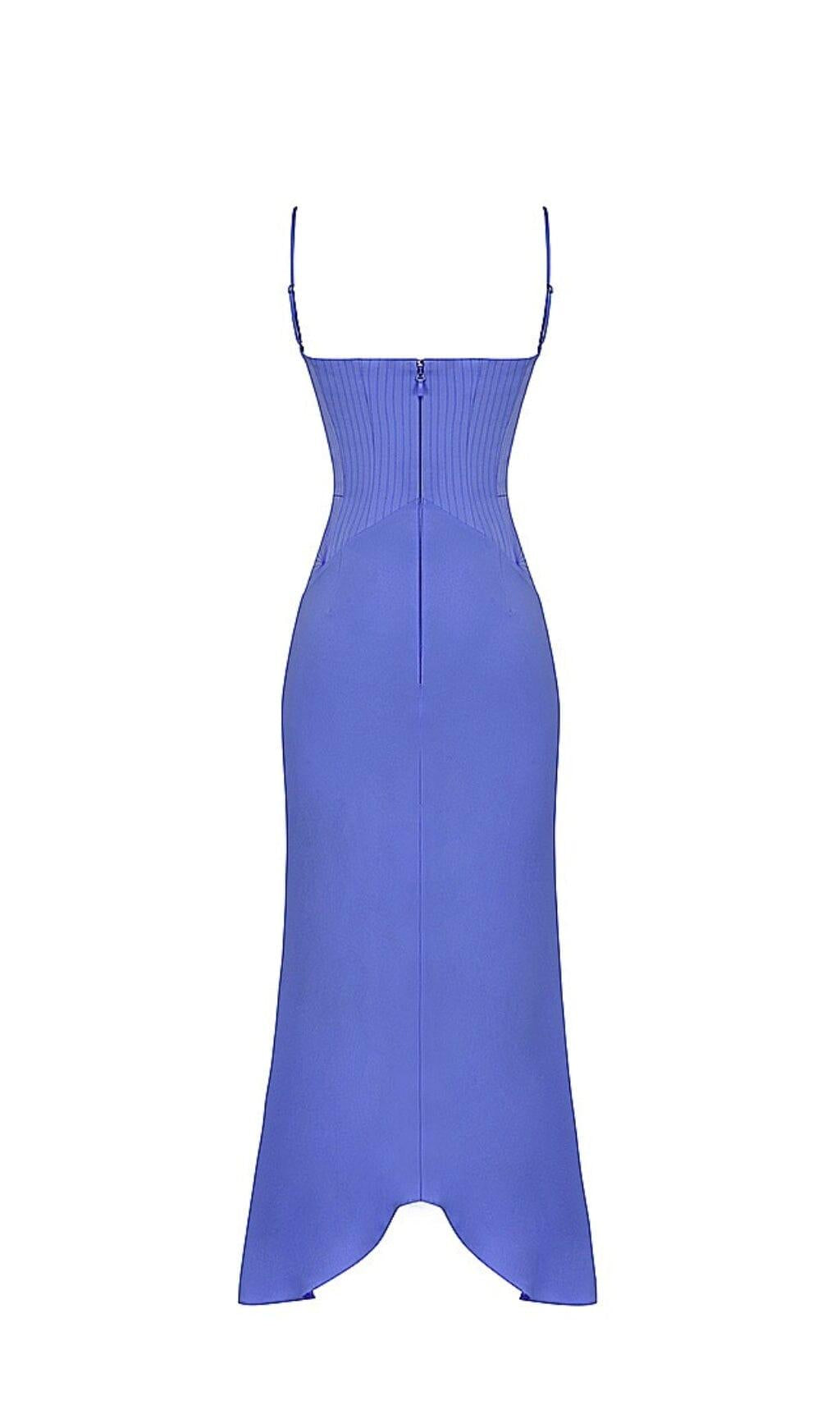 PERIWINKLE SATIN CORSET MIDI DRESS IN BLUE