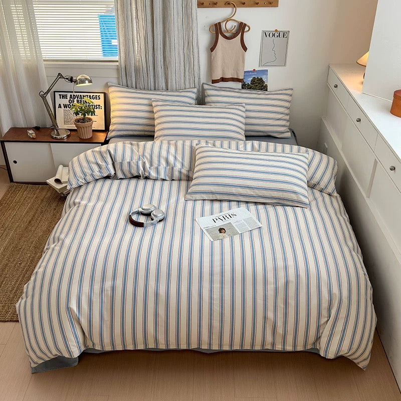 Blue Striped Cotton Bedding Set