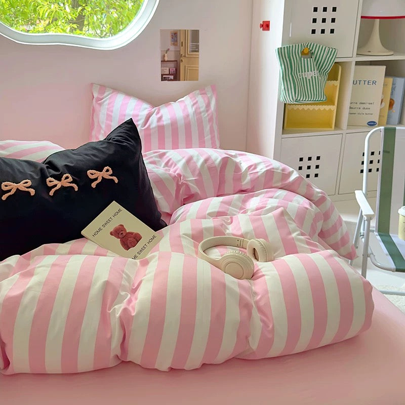 Pink Striped Cotton Bedding Set