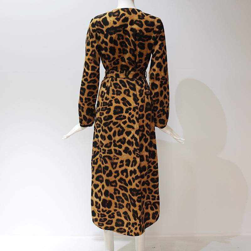 Leopard Dress Loose Long Sleeve Deep V-neck A-line Dress