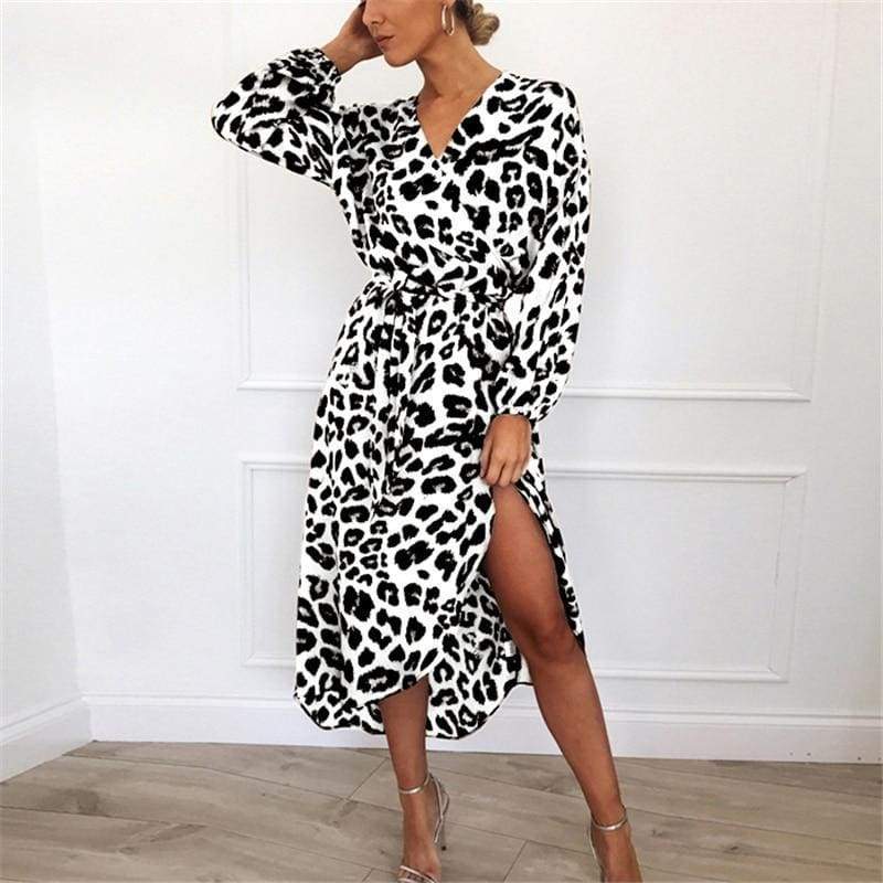Leopard Dress Loose Long Sleeve Deep V-neck A-line Dress