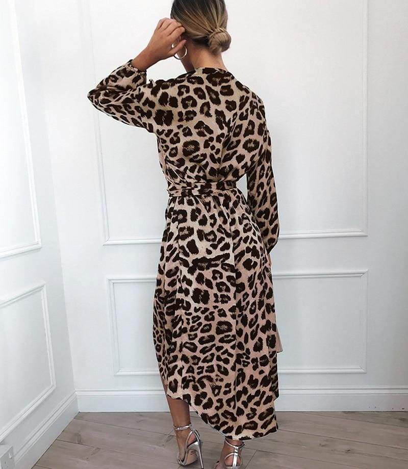 Leopard Dress Loose Long Sleeve Deep V-neck A-line Dress