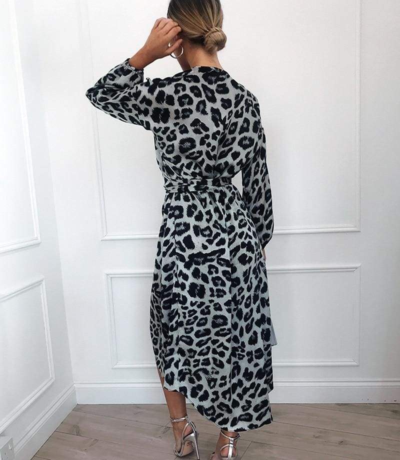 Leopard Dress Loose Long Sleeve Deep V-neck A-line Dress