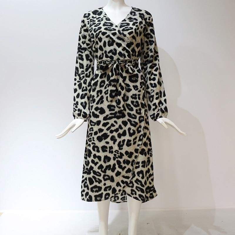 Leopard Dress Loose Long Sleeve Deep V-neck A-line Dress