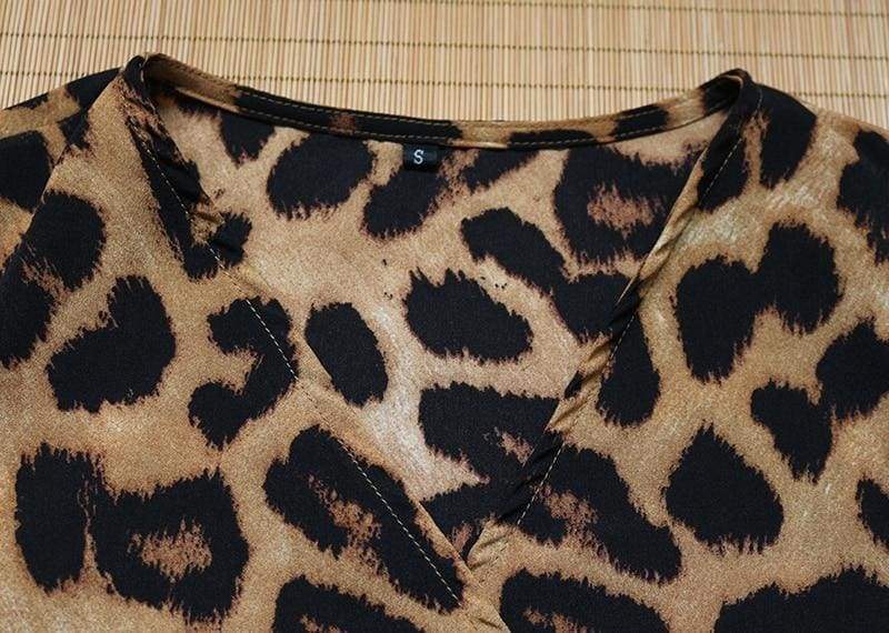 Leopard Dress Loose Long Sleeve Deep V-neck A-line Dress