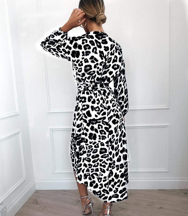 Leopard Dress Loose Long Sleeve Deep V-neck A-line Dress