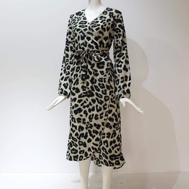Leopard Dress Loose Long Sleeve Deep V-neck A-line Dress