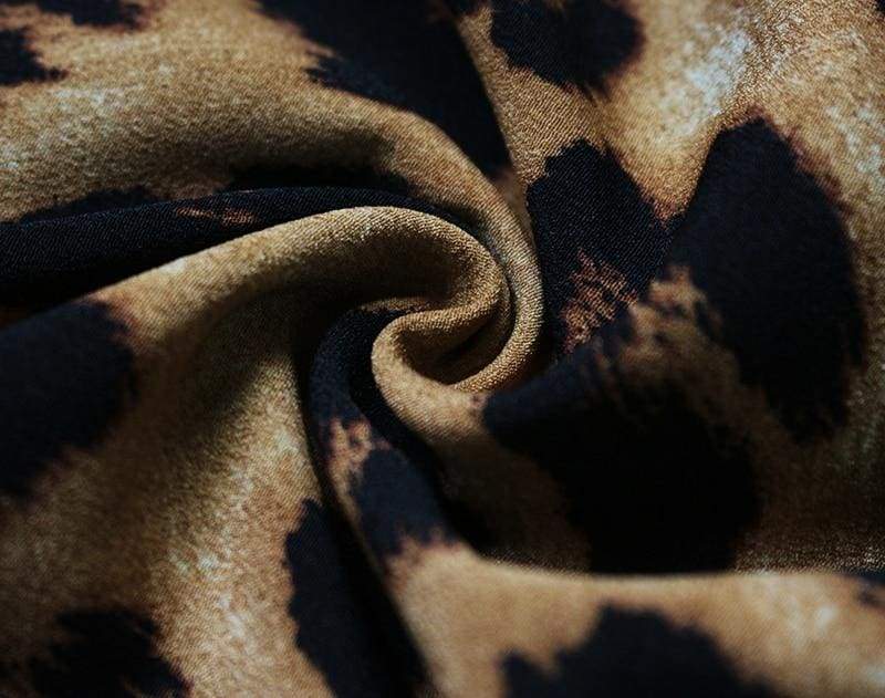 Leopard Dress Loose Long Sleeve Deep V-neck A-line Dress