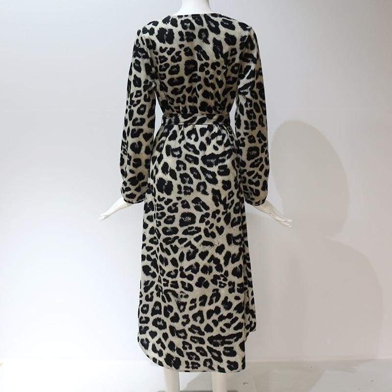 Leopard Dress Loose Long Sleeve Deep V-neck A-line Dress