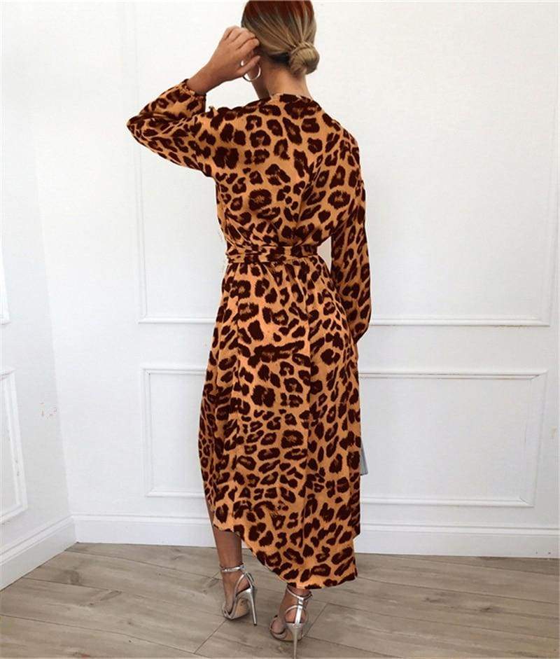Leopard Dress Loose Long Sleeve Deep V-neck A-line Dress