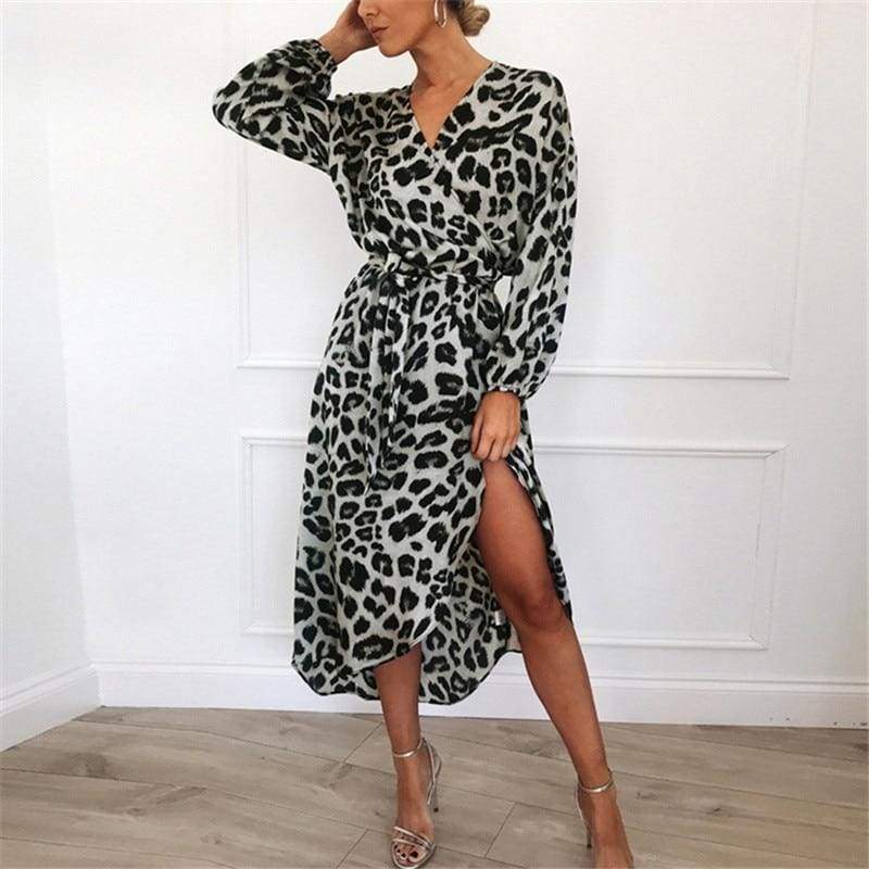 Leopard Dress Loose Long Sleeve Deep V-neck A-line Dress