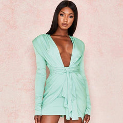 Long Sleeve Vintage Sexy Dresses Deep V Neck Fashion Solid Party Dresses Casual  Bodycon Short Dress Vestidos