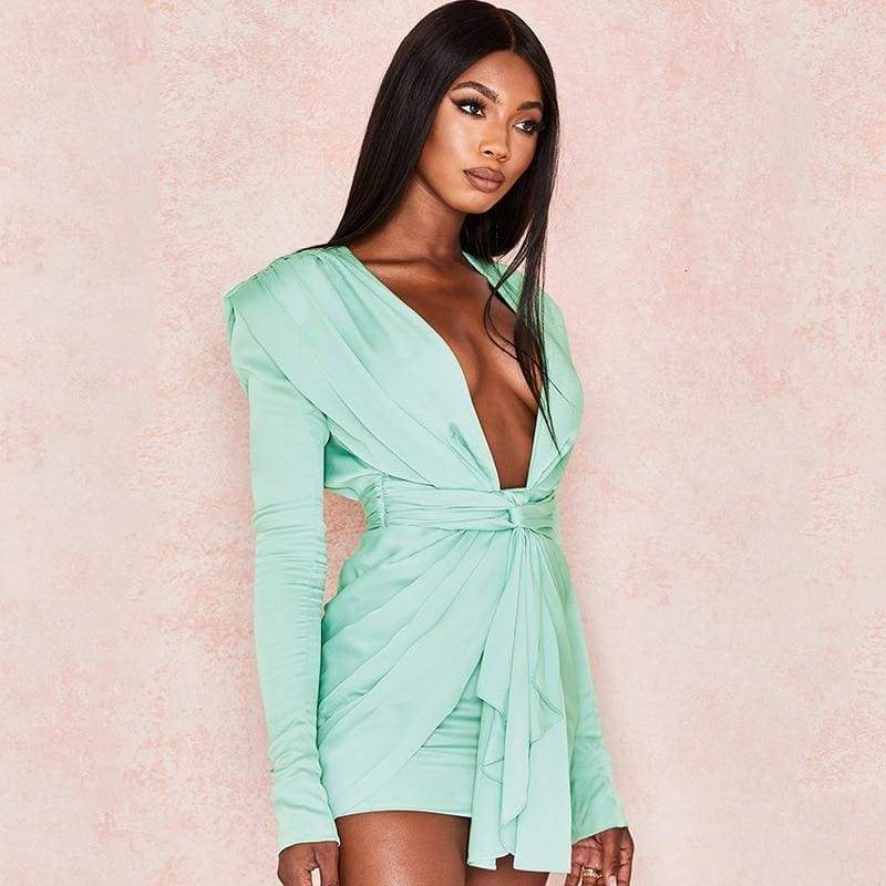 Long Sleeve Vintage Sexy Dresses Deep V Neck Fashion Solid Party Dresses Casual  Bodycon Short Dress Vestidos