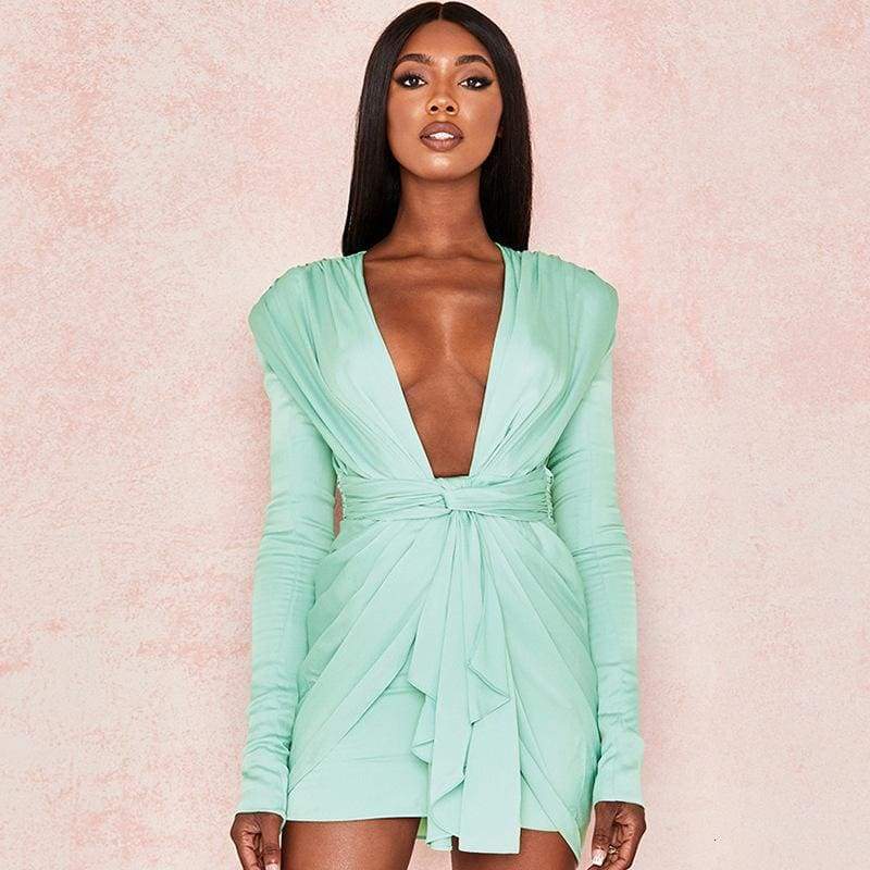 Long Sleeve Vintage Sexy Dresses Deep V Neck Fashion Solid Party Dresses Casual  Bodycon Short Dress Vestidos