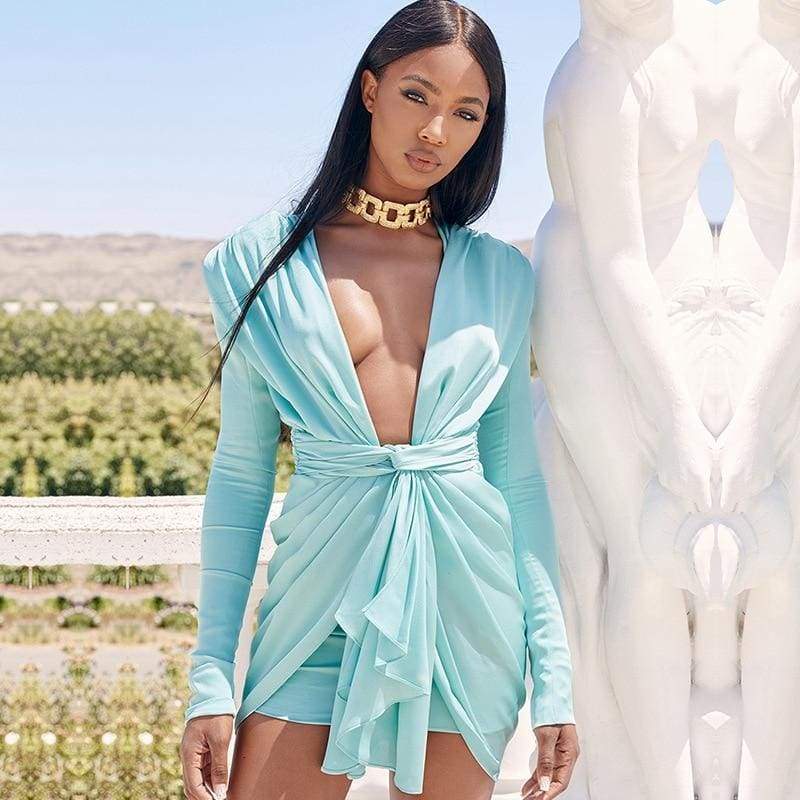 Long Sleeve Vintage Sexy Dresses Deep V Neck Fashion Solid Party Dresses Casual  Bodycon Short Dress Vestidos