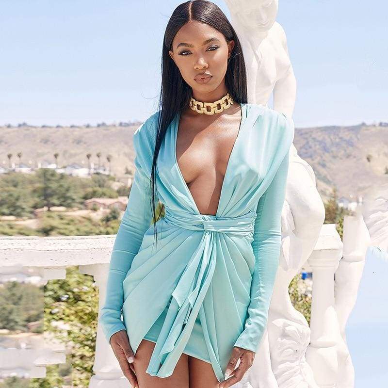 Long Sleeve Vintage Sexy Dresses Deep V Neck Fashion Solid Party Dresses Casual  Bodycon Short Dress Vestidos