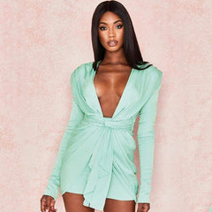 Long Sleeve Vintage Sexy Dresses Deep V Neck Fashion Solid Party Dresses Casual  Bodycon Short Dress Vestidos