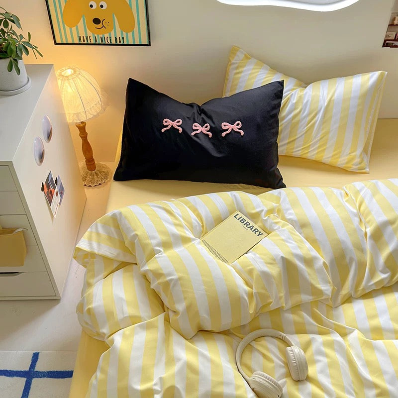 Beige Striped Cotton Bedding Set