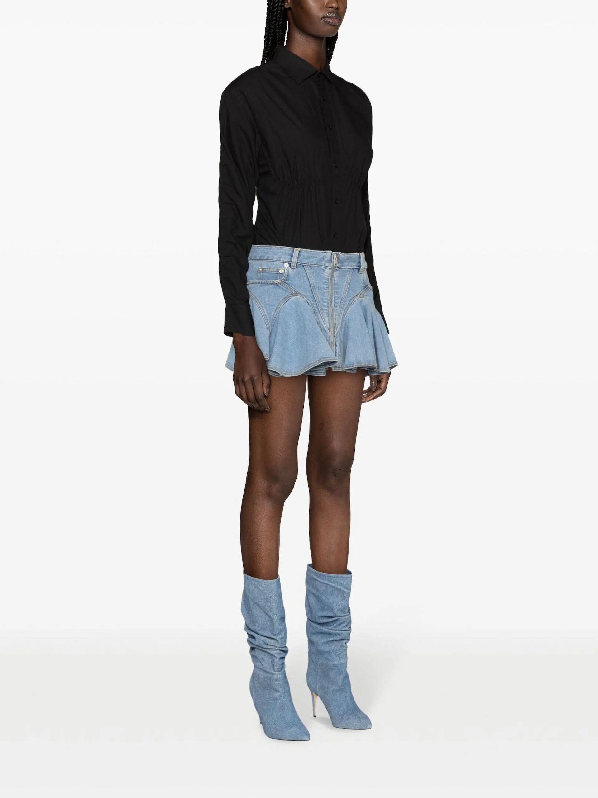 BLUE FLARED DENIM MINI SKIRT