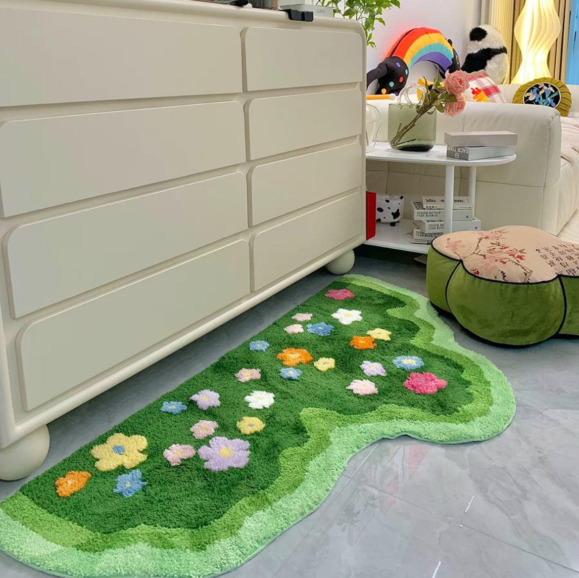 Green Floral Bedroom Rug