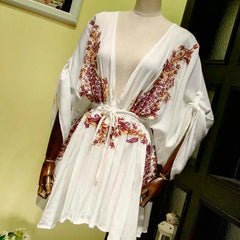 FashionSierra-New Floral Embroidery  Summer  Vintage   Beach  Deep V-neck  Long Sleeve  Party Boho Dress