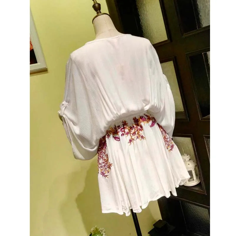 FashionSierra-New Floral Embroidery  Summer  Vintage   Beach  Deep V-neck  Long Sleeve  Party Boho Dress