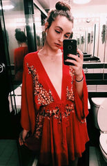 FashionSierra-New Floral Embroidery  Summer  Vintage   Beach  Deep V-neck  Long Sleeve  Party Boho Dress