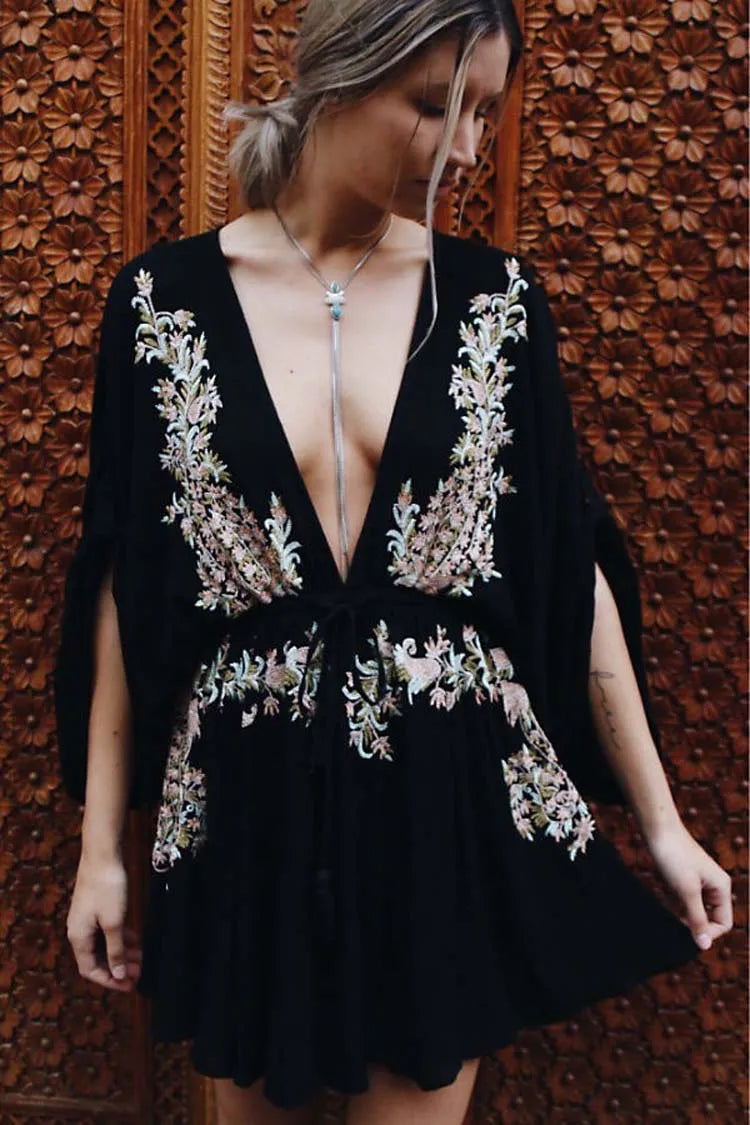 FashionSierra-New Floral Embroidery  Summer  Vintage   Beach  Deep V-neck  Long Sleeve  Party Boho Dress