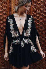 FashionSierra-New Floral Embroidery  Summer  Vintage   Beach  Deep V-neck  Long Sleeve  Party Boho Dress